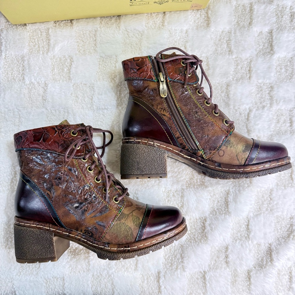 L’Artiste Spring Step Fallinluv Leather Ankle Boots Brown Boho Size 5 NWT